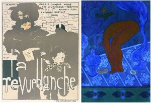 Left: Pierre Bonnard, La Revue Blanche, 1894. Colour lithographic poster, 80 x 62 cm. National Gallery of Australia, Canberra Source: http://nga.gov.au/ Right : Paul Ranson, Lustral, 1891. Tempera on canvas, 35.5 x 24.3 cm. Musée d’Orsay, Paris. Edouard Vuillard, The Earthenware Pot, 1895. Oil on canvas, 65 x 116 cm. On loan from a private collection, National Gallery, London. 